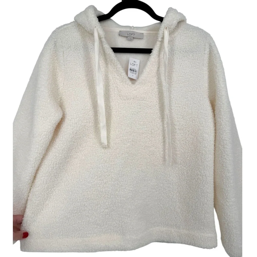 NWT LOFT V-Neck Sherpa Hoodie Ivory Pullover Sweater Top Size Small Cozy Lounge - Picture 9 of 14